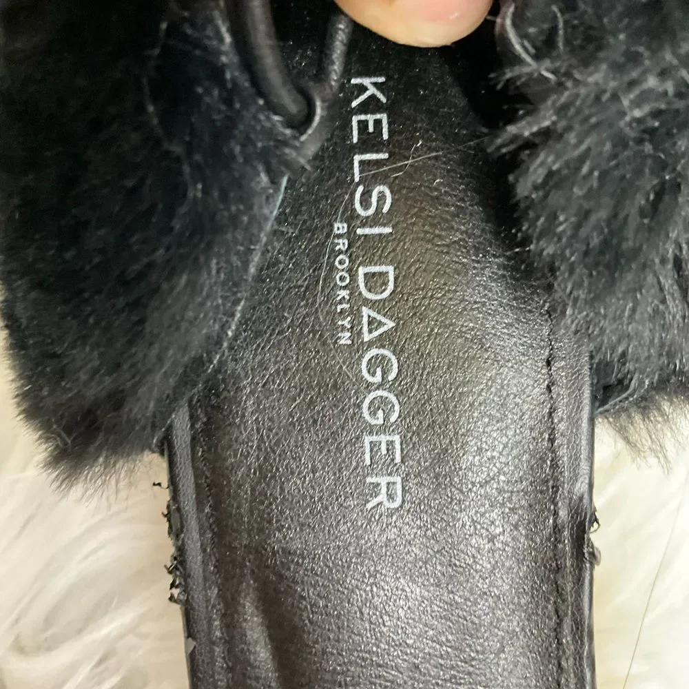 NEW Kelsi Dagger Brooklyn Black Sam Genuine Leather Faux Fur Heel Sandals 9.5